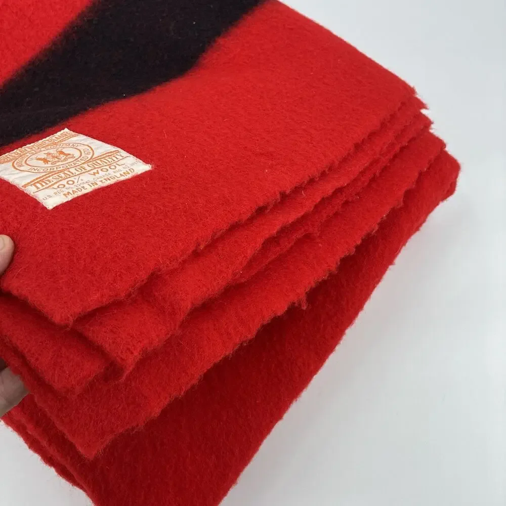 Vintage Hudson Bay Blanket Red Wool Striped 4 Point Queen Gold Label 1930s 84x74